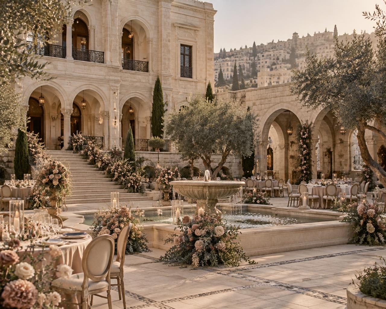 Elegant hotel courtyard prepared for the wedding